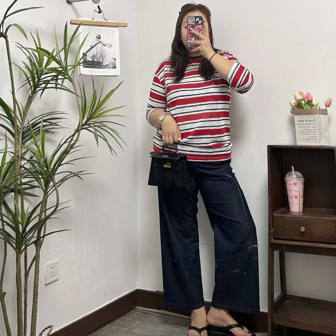 Ins风减龄拼色条纹圆领冰丝长袖大码微胖百搭