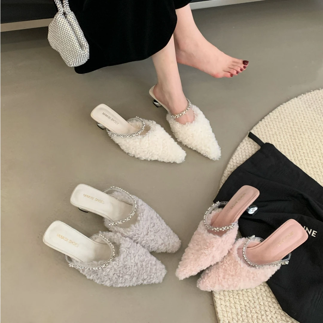 AL-C99-A法式温柔风包头毛毛拖鞋女尖头水钻后空玛丽珍鞋气质半拖