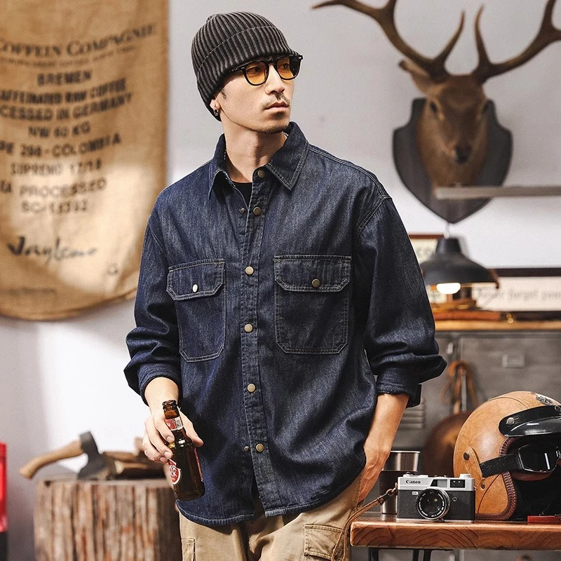 美式复古明线原色牛仔衬衫男秋季高端新款纯棉工装长袖衬衣外套男