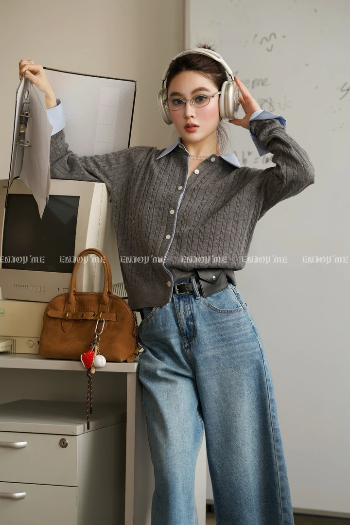 【门店同款】ENJOY春季盐貌似糖衬衫拼接麻花针织衫 161850858