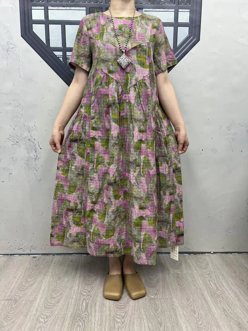 8656夏季新款印花碎花短袖显瘦气质A字版大摆长款连衣裙