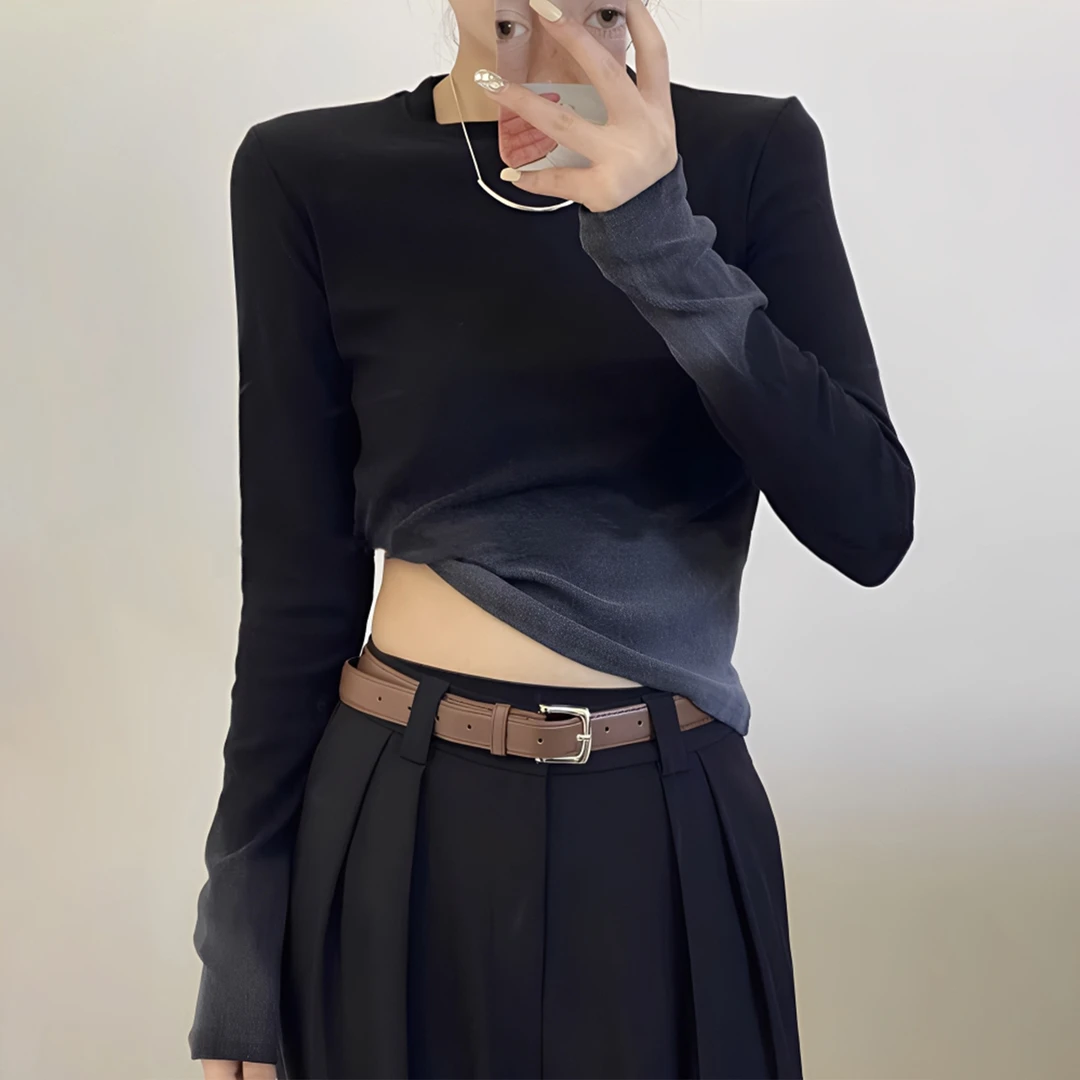 扎染渐变色显瘦长袖T恤女2025新款早秋打底衫修身设计感短款上衣