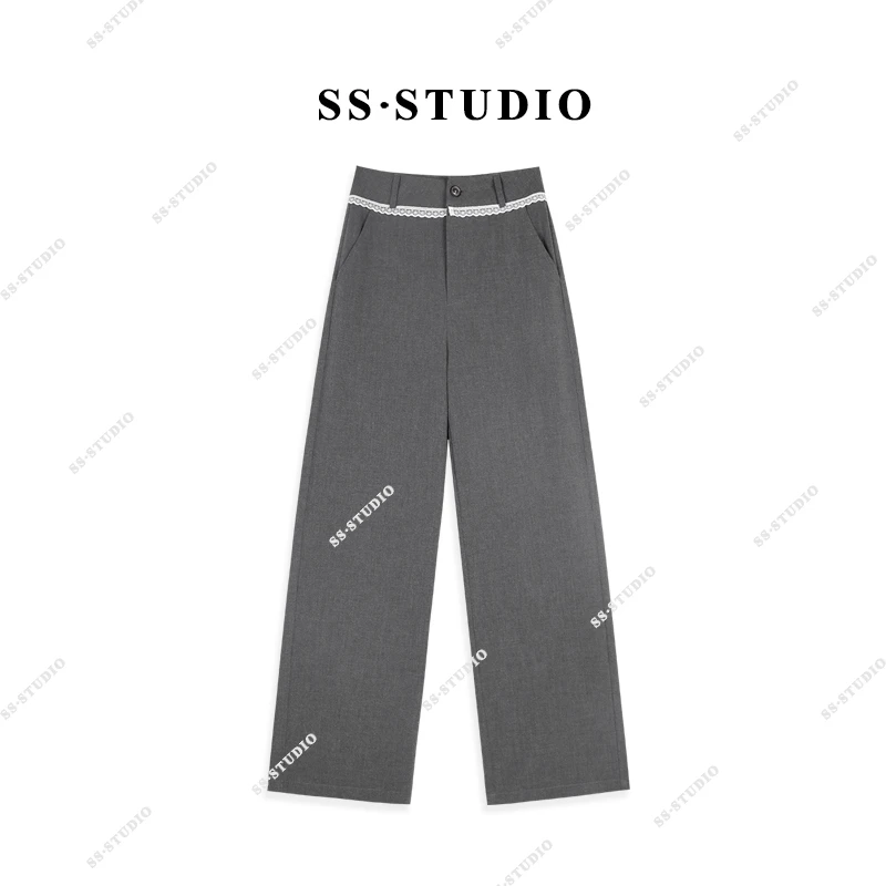 【SUSU】（配腰带）蕾丝花边拼接高腰显瘦休闲百搭直筒裤SS-5077