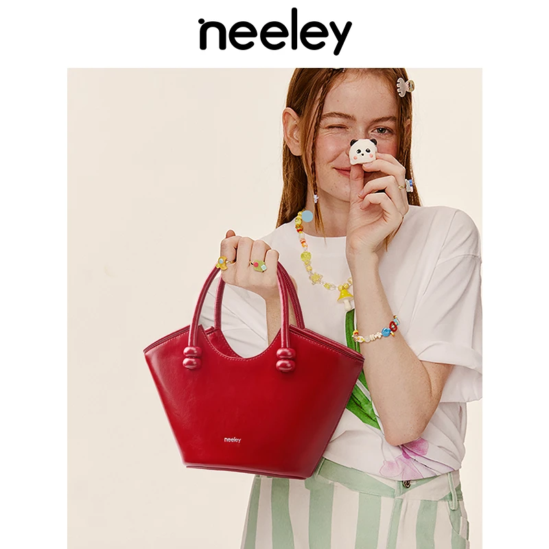 neeley牛皮菜篮子包2025新款红色婚包通勤休闲手提斜挎小包托特包