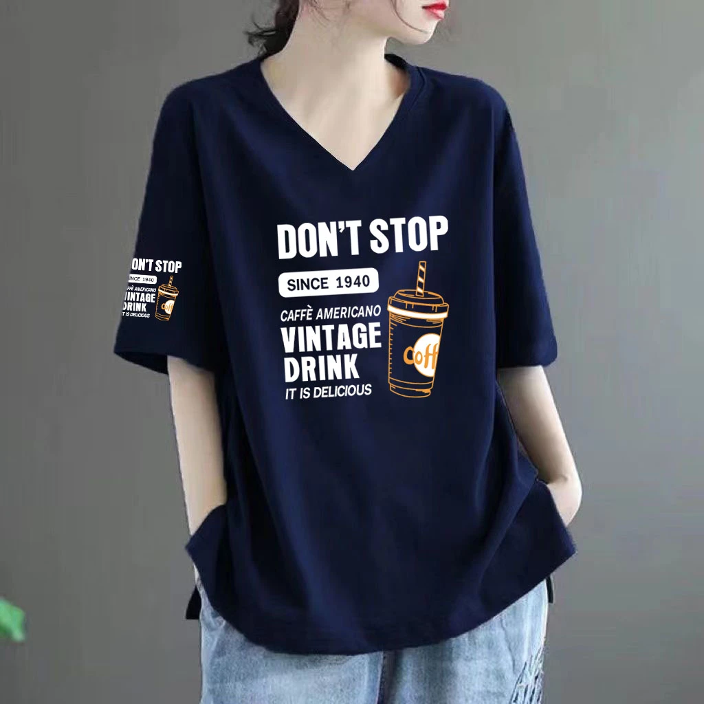 纯棉短袖t恤女2025夏季新款V领宽松大码遮肉时尚设计感小众上衣潮