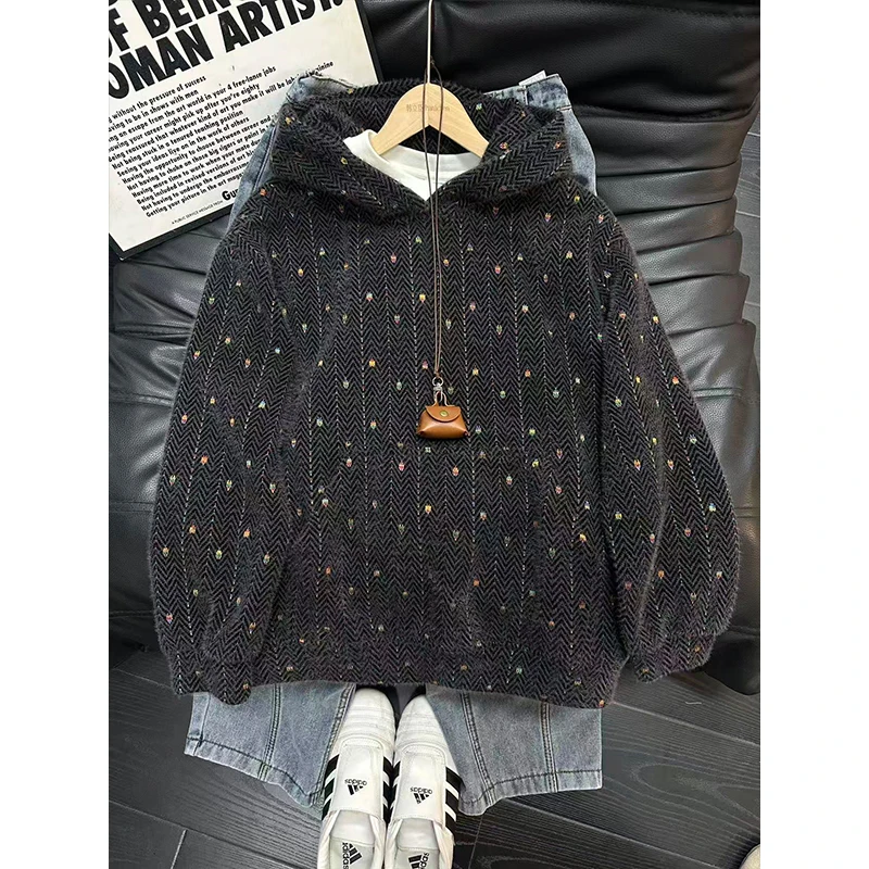 美式复古针织连帽卫衣男款秋冬季高级感重磅毛绒外套宽松休闲上衣