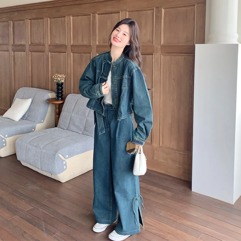 国风新中式牛仔套装裤2025早春新款复古氛围感时髦百搭盘扣两件套