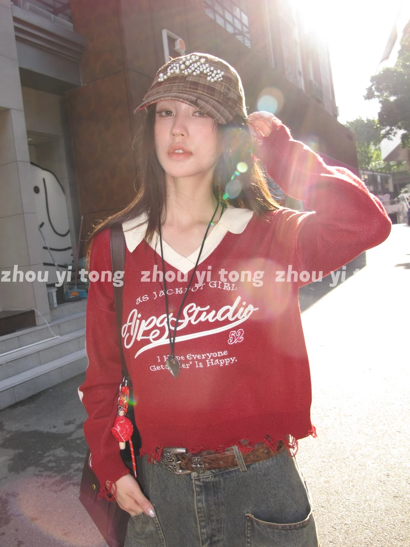 【纽约街头】设计师感美式撞色拼接V领针织毛衣女ZYT9712