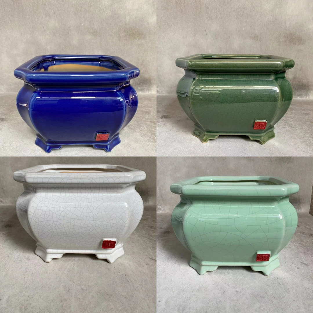 白色豆青绿冰裂釉陶瓷复古四方八角盆栽盆复古石湾陶瓷花盆