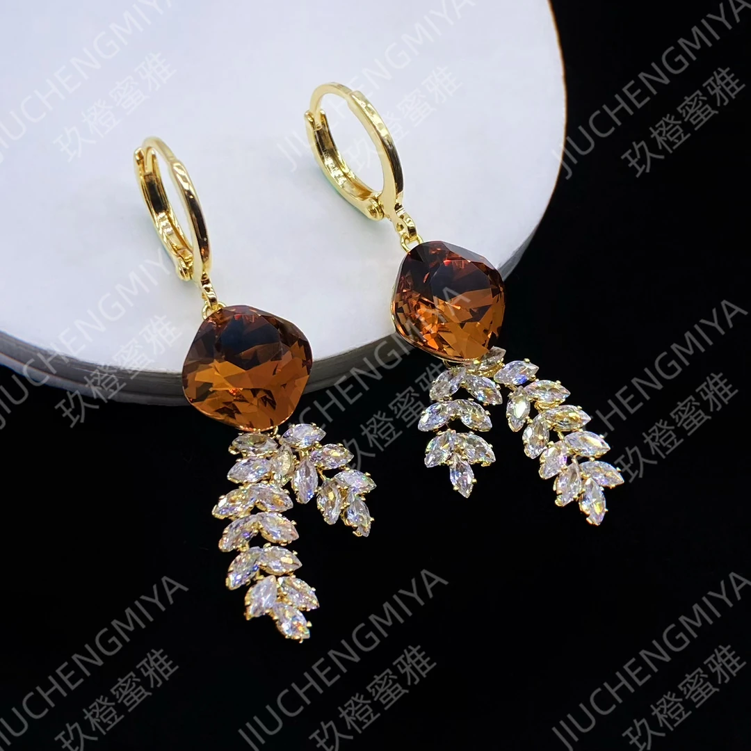 铜合金合成锆石耳饰 流水禅音KL247时尚法式长款金色超时麦穗耳环