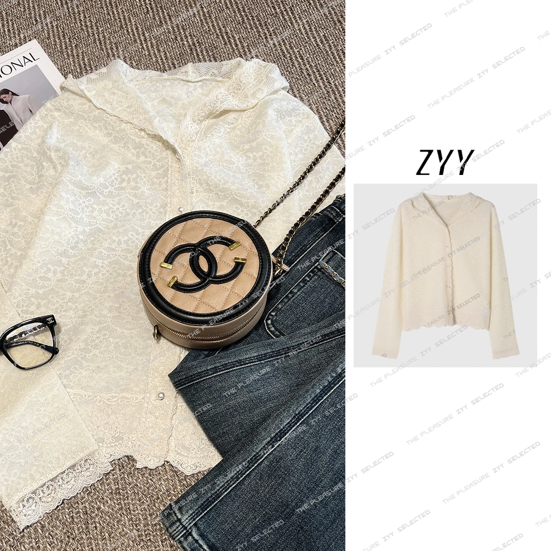 ZYY【淡人度假】2025/S新品早秋蕾丝拼接针织开衫帽衫女X25QZZ03346