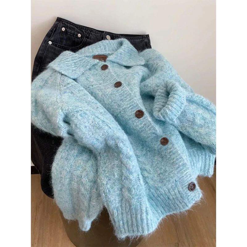 翻领蓝色宽松长袖针织毛衣开衫外套女士慵懒风高级感上衣2025新款