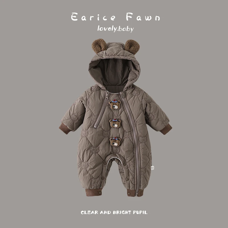 DZ冬季宝宝加厚连体衣可爱超萌棉衣满月百天婴儿衣服外出连帽爬服