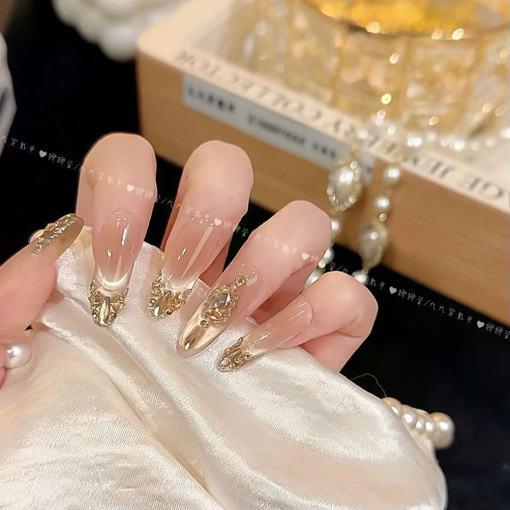 暮色流金 手工穿戴甲腮红香槟金锆石显白光疗美甲可拆卸穿戴甲