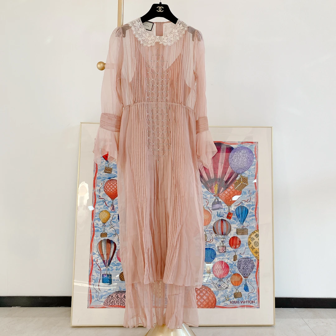 95新 GUCCI/古驰 蕾丝领边欧根纱真丝连衣裙 /19666751