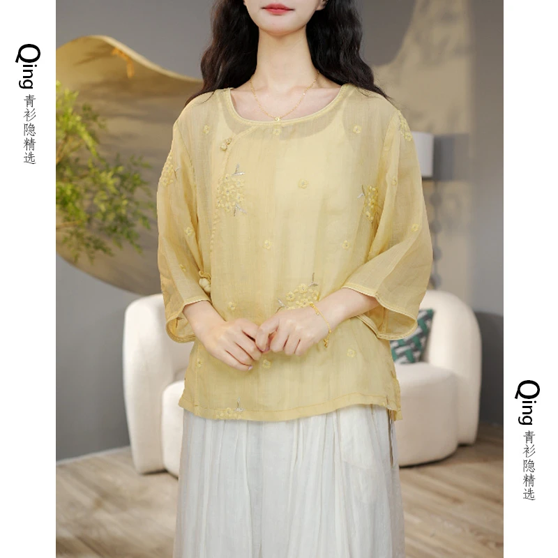 6437高品质纯苎麻重工满绣金叶绣球花纯手工南瓜扣圆领套头上衣