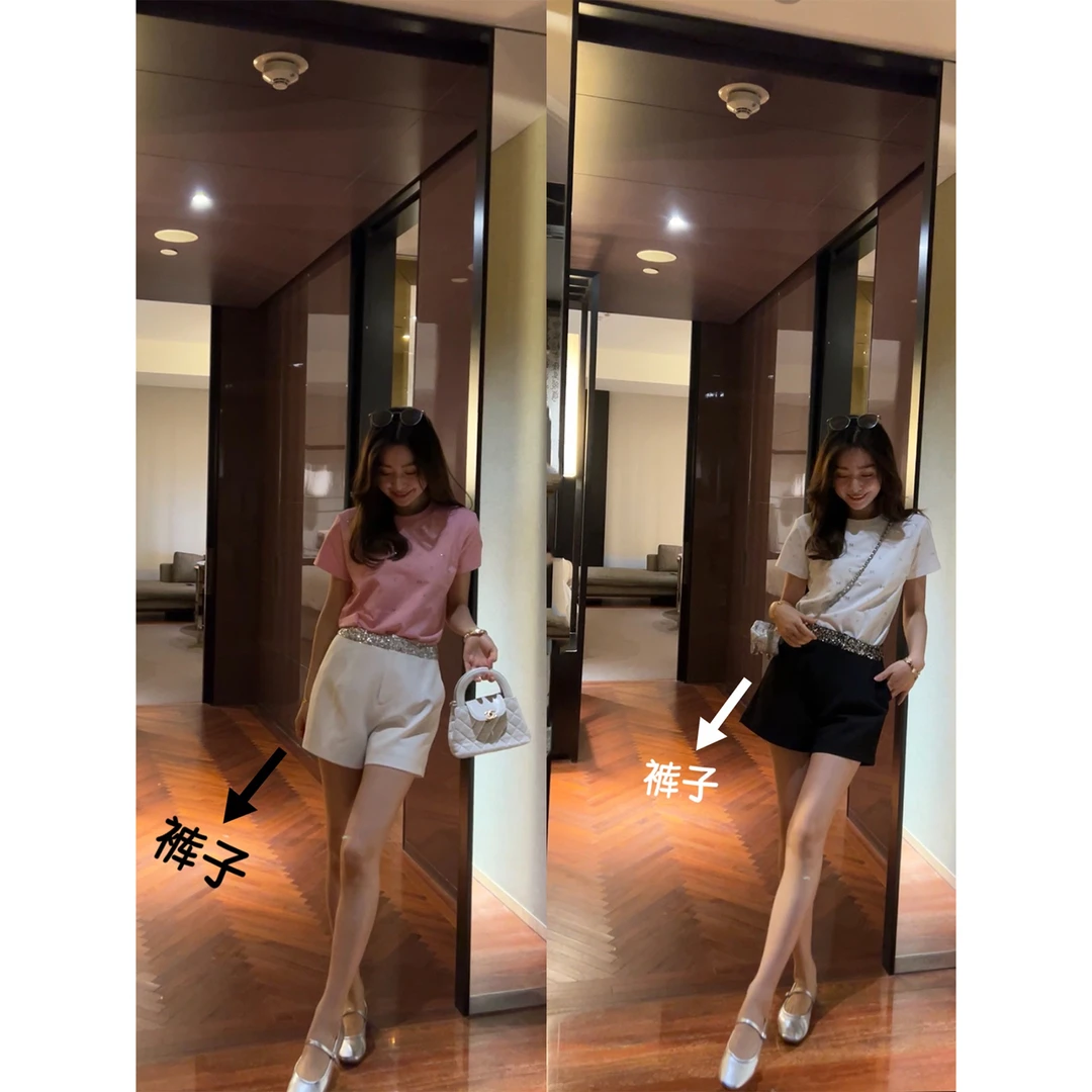 W·HAHA【现货】【吸睛裤】轻奢气质高腰亮片拼接百搭阔腿短裤51997