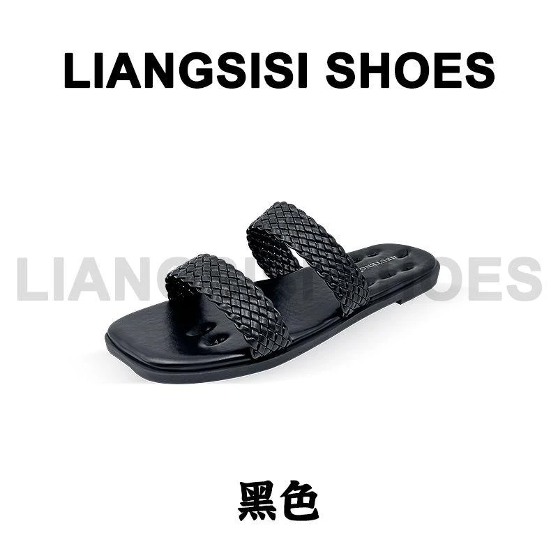 p梁思思SHOES【编双带】高级经典百搭网红方头一字女鞋半拖-HT165