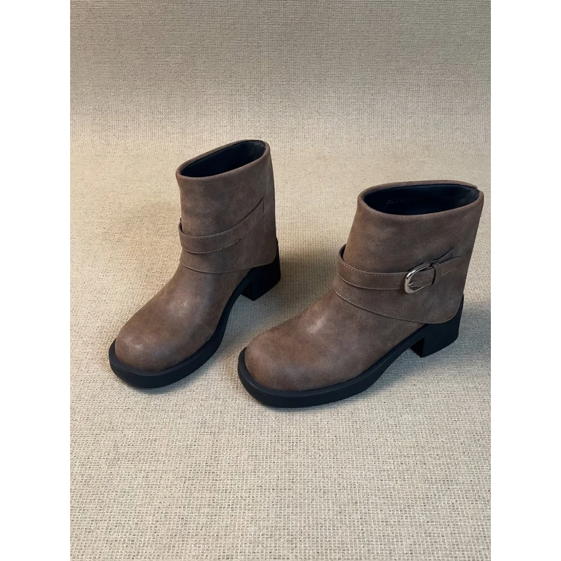 nnmiss·34-40/5cm百搭基础圆头皮带扣粗跟裤管靴复古厚底时尚短靴