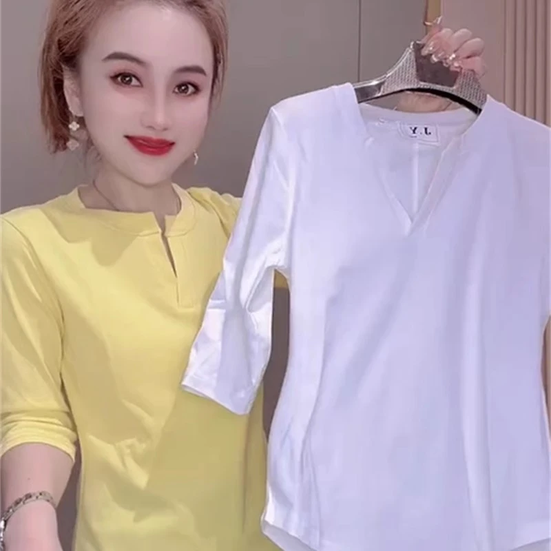 欧货设计感V领后开衩正肩T恤衫女2025夏季新款休闲纯棉显瘦上衣潮
