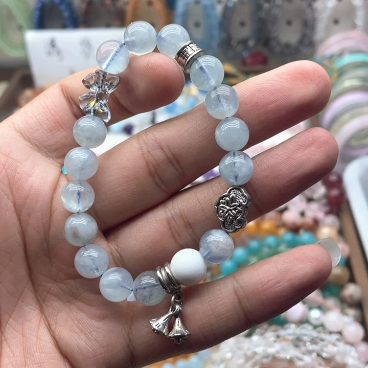 银S925镶嵌手链烟晶海蓝宝diy