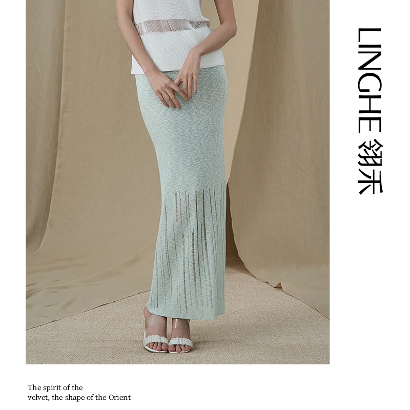 翎禾LINGHE-「摇翠玉」春夏季显瘦御姐风包臀针织半身裙