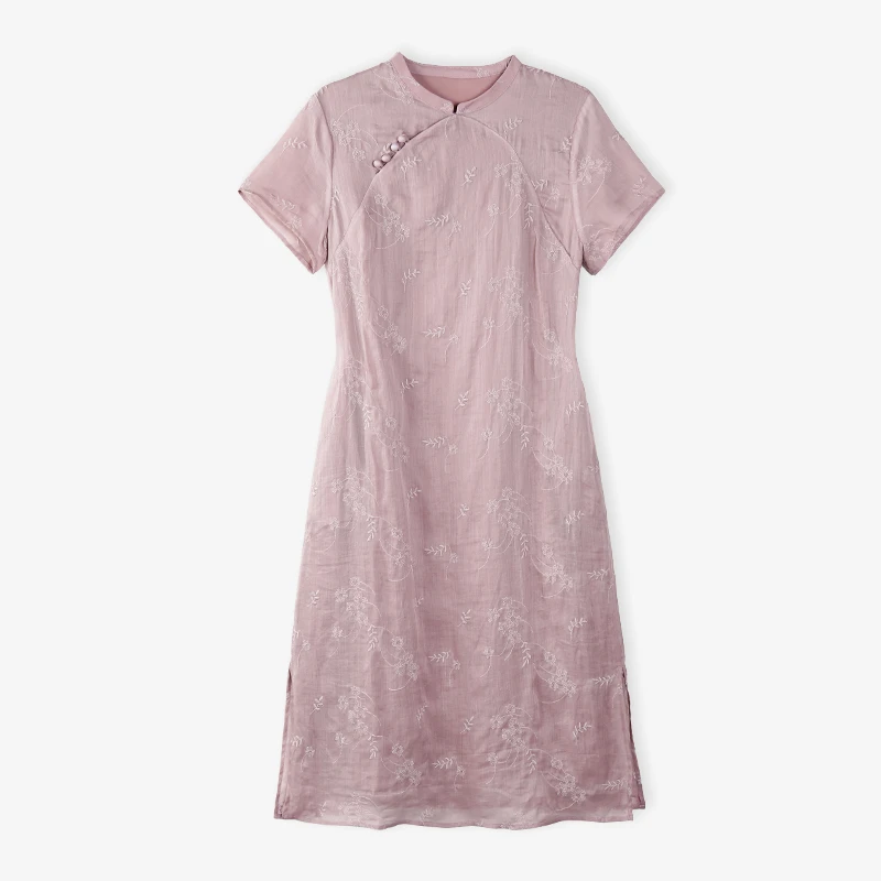 韩穆A67799新中式高端气质苎麻女装连衣裙复古刺绣文艺显瘦裙