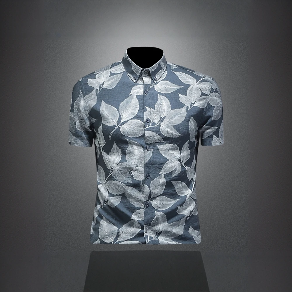 哈逊梅奈高品质印花短袖T恤男士夏季复古潮流翻领时尚休闲衬衫衣