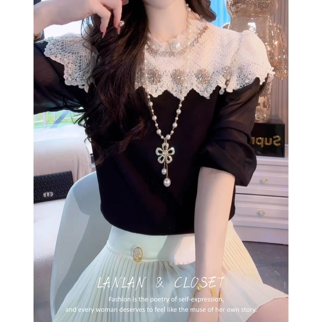 新款时尚百搭【薇恩COCO】气质圆领钉珠拼接蕾丝镂空长袖打底针织