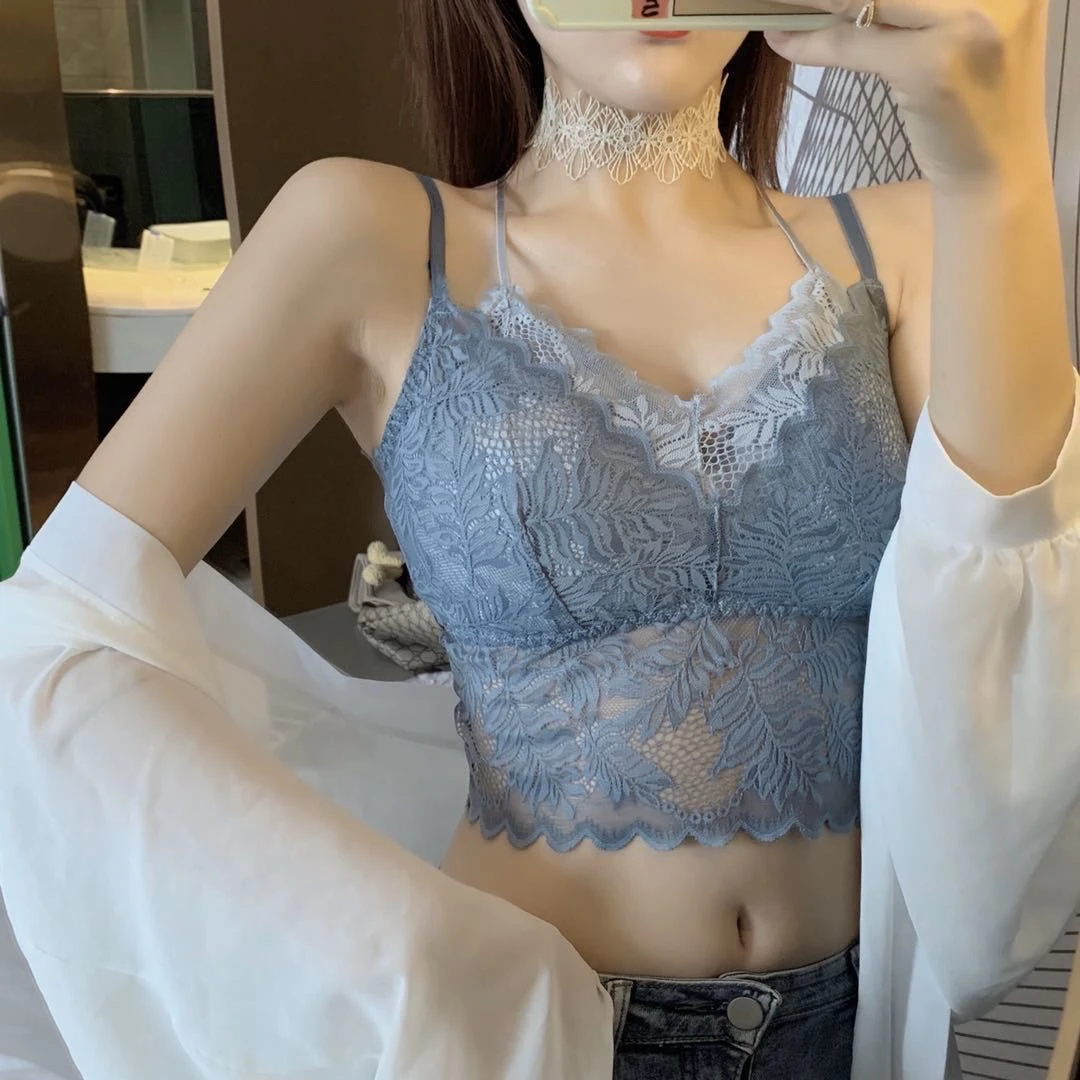美背内衣文胸一体夏天蕾丝美背吊内搭外穿打底法式薄女背心打底
