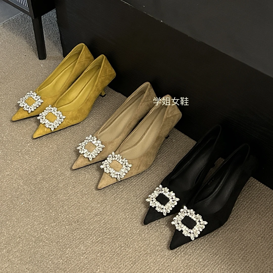 气质水钻裸色高跟鞋2025年春秋新款法式绒面浅口单鞋女设计感小众