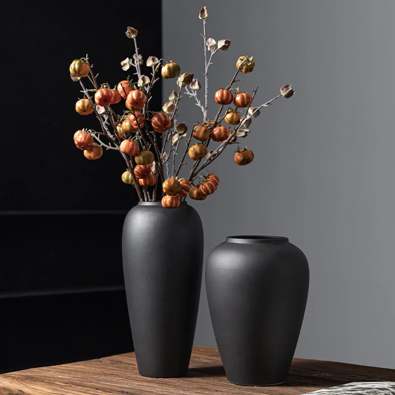 景德镇水培陶瓷花瓶磨砂黑色干花摆件玄关家居简约中式水培陶罐