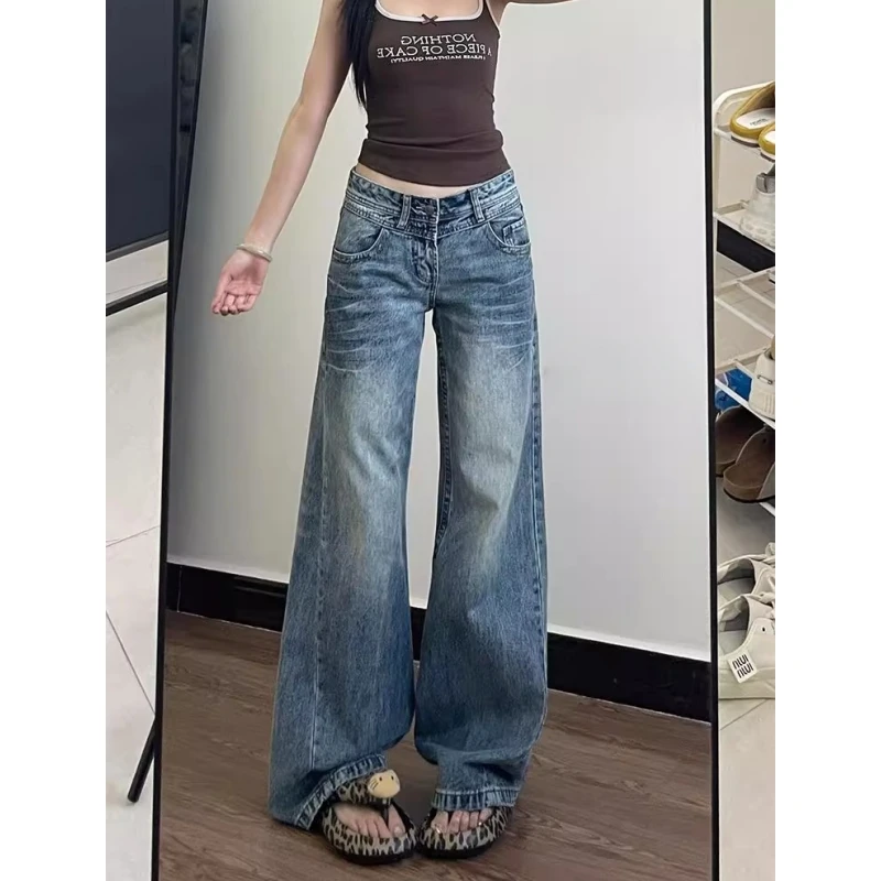 美式复古低腰直筒微喇牛仔裤女秋季设计感小众百搭显瘦阔腿拖地裤