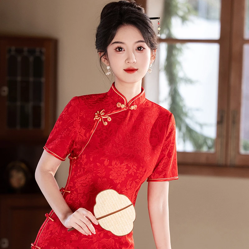 夏季新款国风订婚送考提花中长款红色气质显瘦宴会婚礼旗袍敬酒服