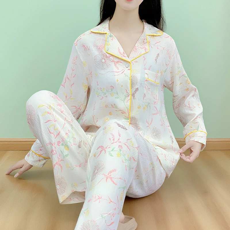 女式睡衣女春秋夏季长袖云朵棉翻领不带胸垫可外穿家居服套装Y170