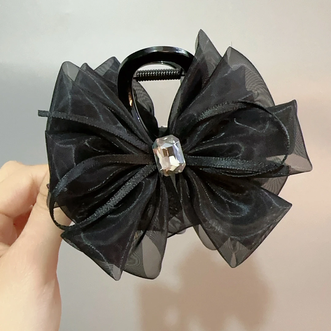 2025夏季新款网纱蝴蝶结抓夹黑色8cm清凉盘发夹子女时尚百搭发饰