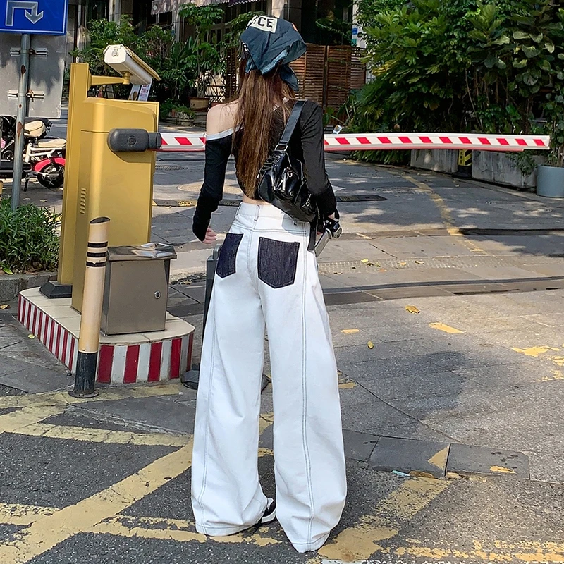 潮源美式高级灰白浅色拼接撞色牛仔裤女秋季高腰宽松阔腿直筒裤