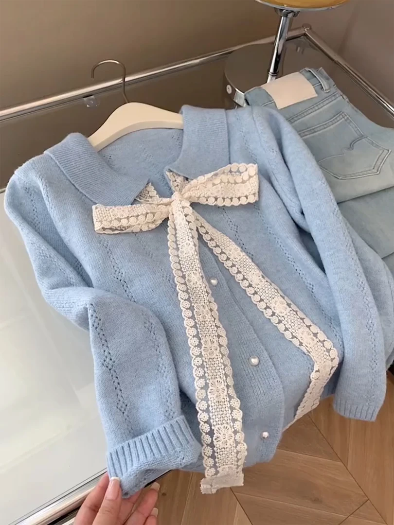 温柔风蕾丝蝴蝶结系带毛衣外套女2025秋季新款外搭小个子针织开衫
