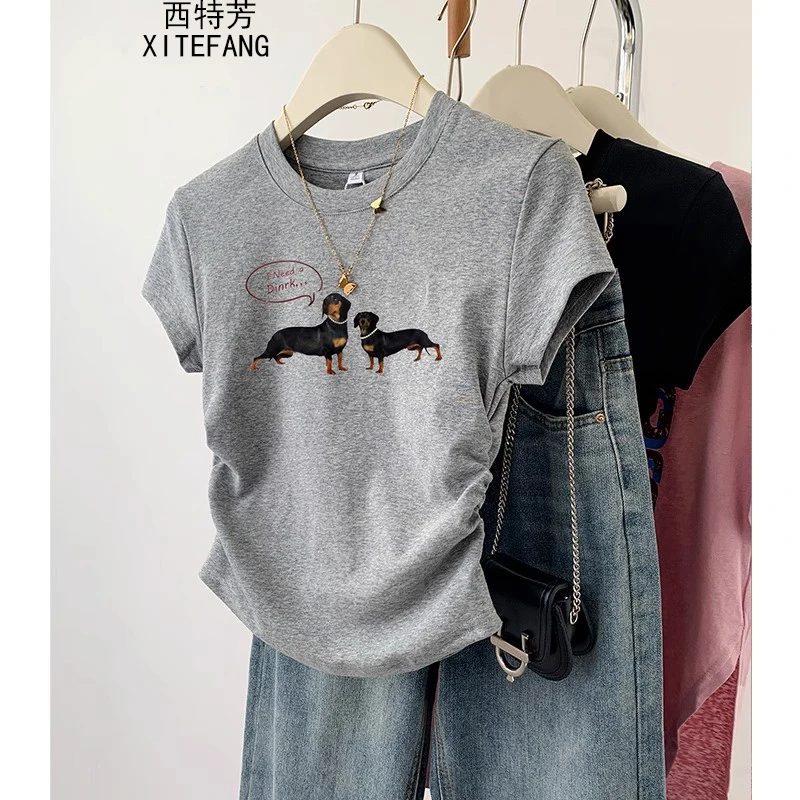 【西特芳】夏季新款印花圆领T恤短袖洋气女收腰显瘦少女短款潮