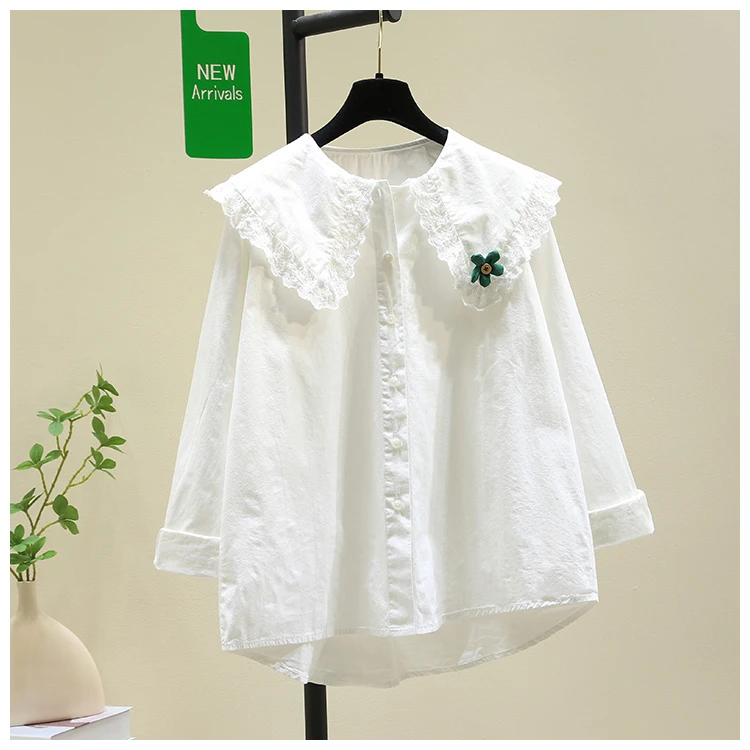 文艺小清新立体花朵娃娃领纯棉白衬衫女2025新款打底衬衣上衣