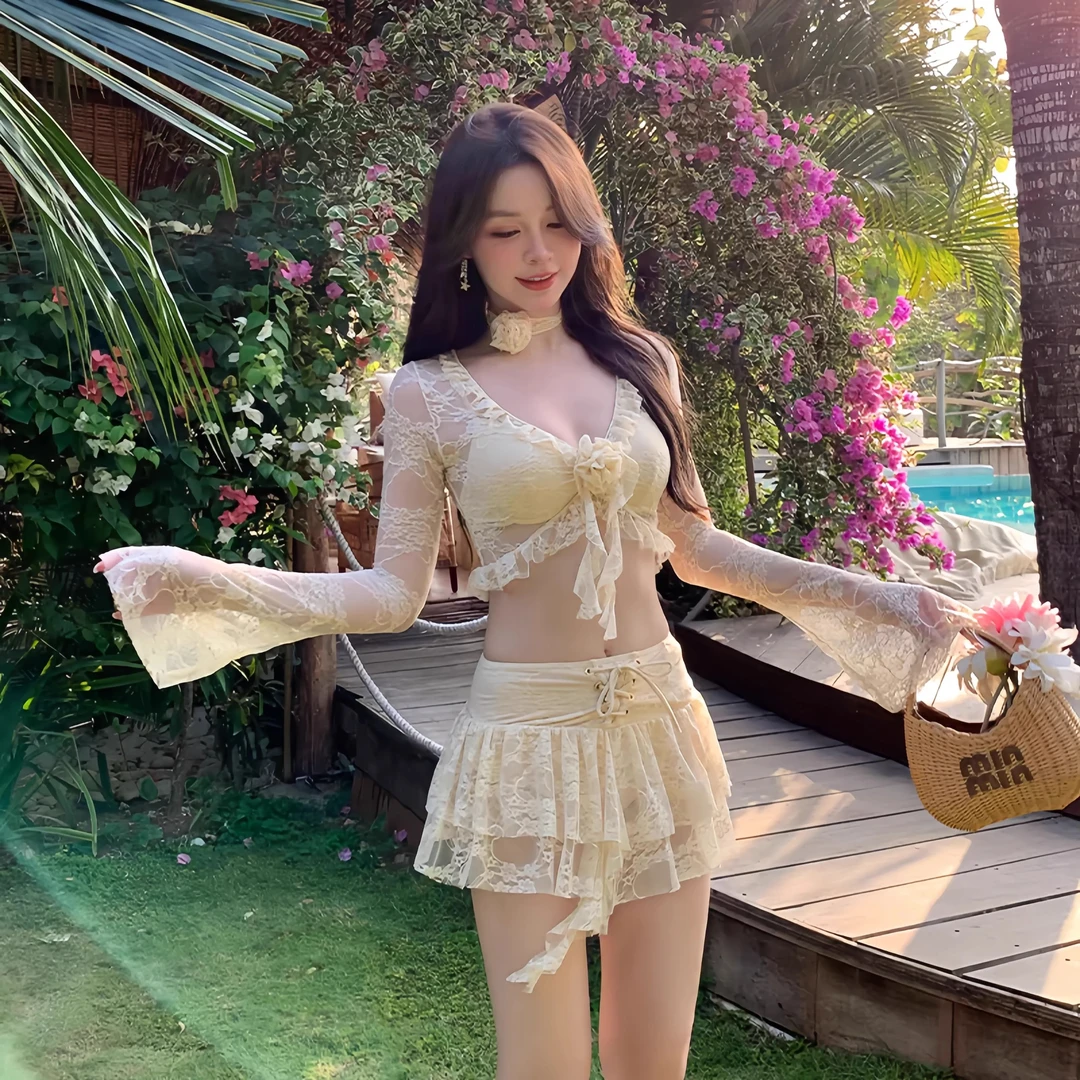 新款纯欲蕾丝花朵喇叭袖显瘦聚拢温泉度假裙式比基尼分体泳衣女