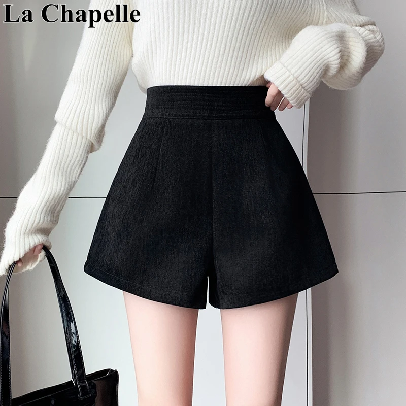 拉夏贝尔新款毛呢靴裤女2025秋冬款简约高腰阔腿休闲短裤A字短裤