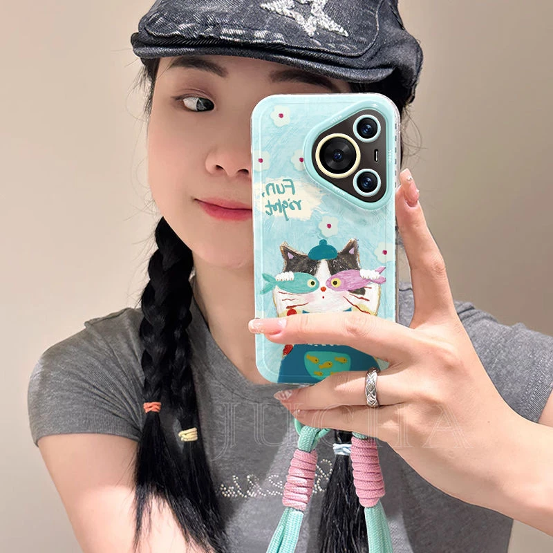 油画鱼和猫咪适用苹果16e手机壳可爱卡通红米高级感华为OPPO荣耀