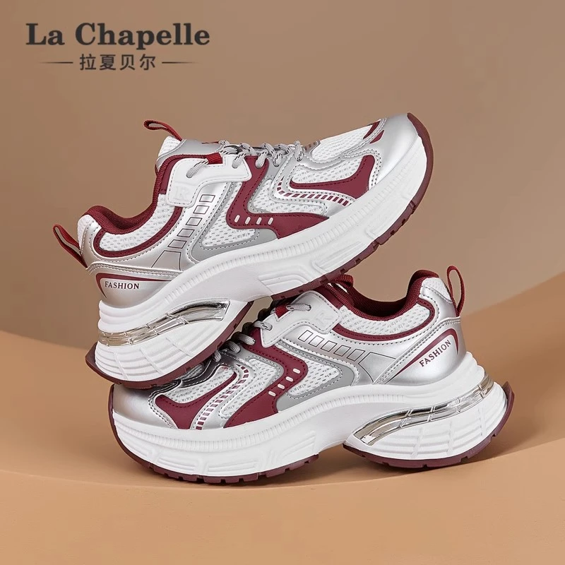 拉夏贝尔复古红老爹鞋女2025年冬季新款网面舒适厚底运动鞋休闲鞋
