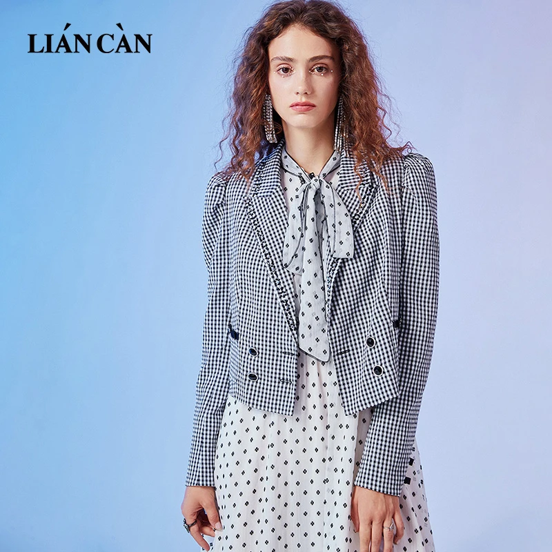 莲灿新千鸟格复古气质百搭格纹短款烫钻外套7121378002