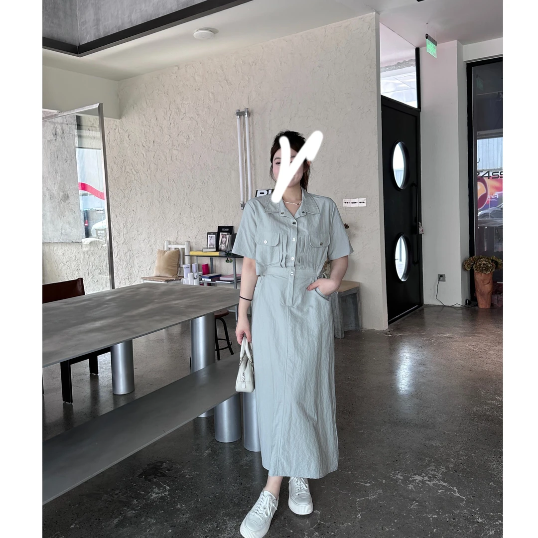 晶咕 时尚夏季抽绳韩版小众设计感假两件工装衬衫连衣裙
