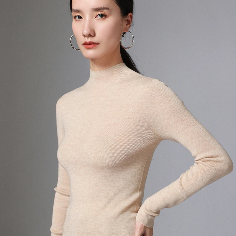 甄选美丽诺羊毛简约羊毛衫百搭时尚修身半高领打底衫女长袖针织衫