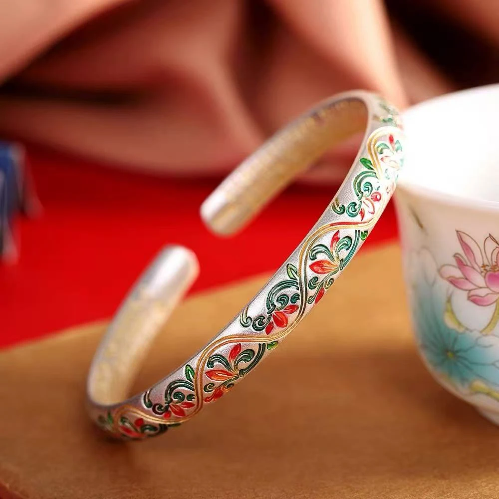 足银手镯 32克足银999.9国潮珐琅彩描金花藤手镯