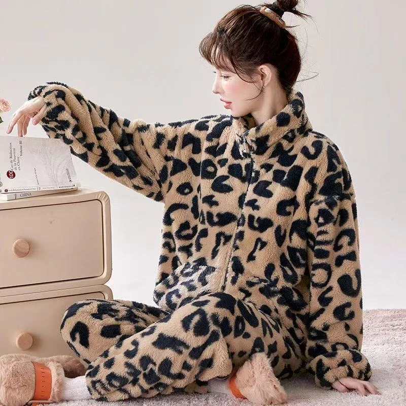 家居服休闲长袖豹纹保暖珊瑚绒长袖睡衣加绒加厚
