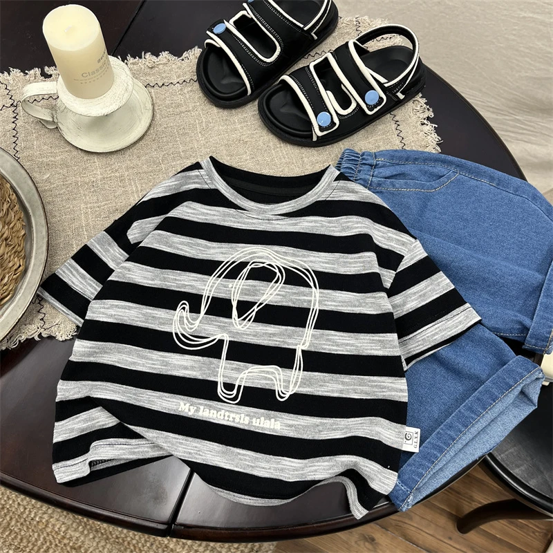 H899夏季男童条纹T恤短袖韩国儿童新款宽松半袖中小童打底衫女宝t